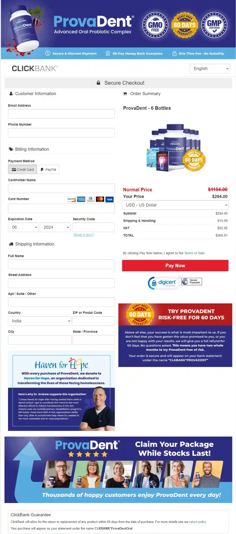 ProvaDent checkout page supplied in product materials
